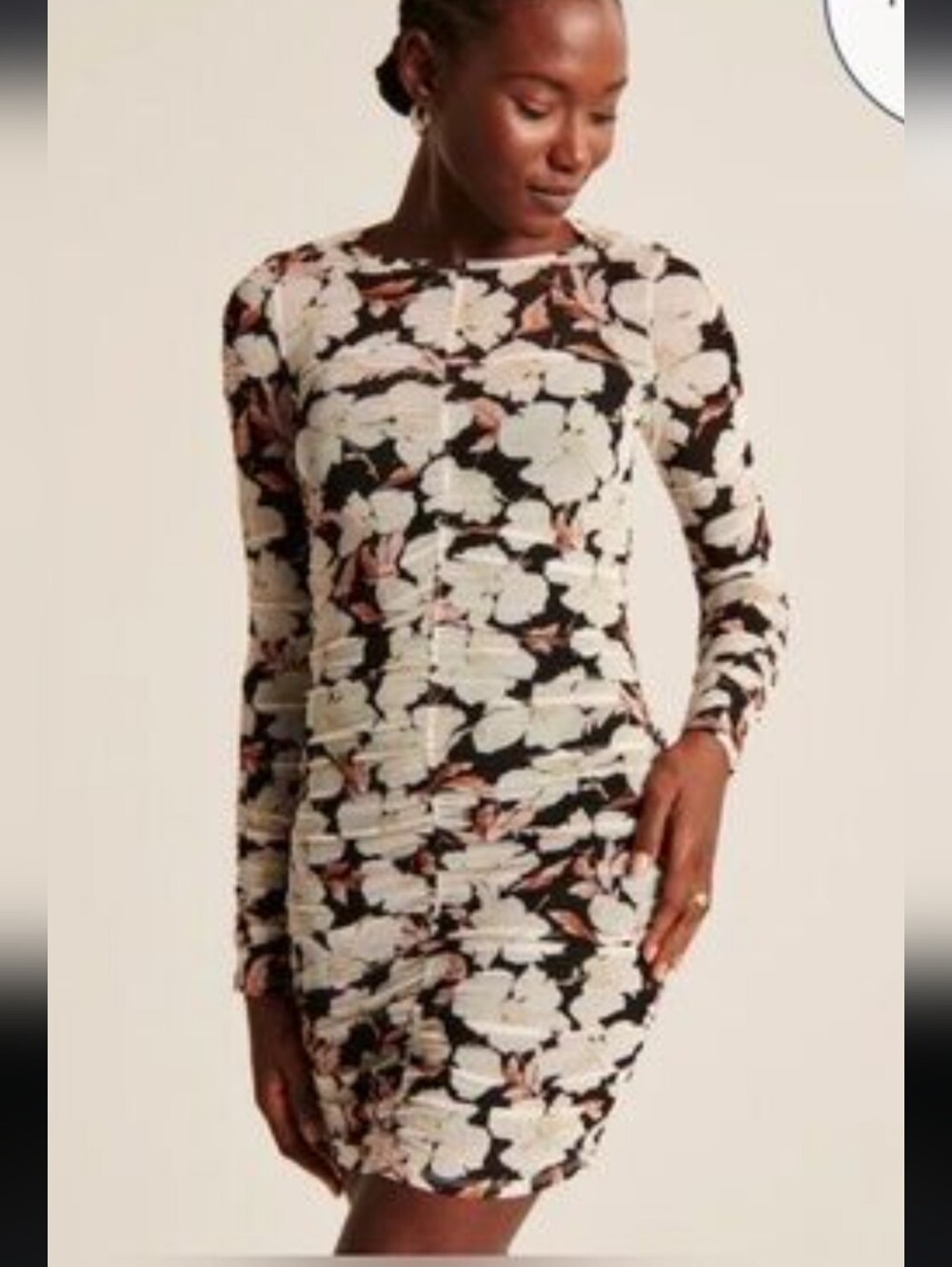 Abercrombie and Fitch Floral Long-Sleeve Ruched Mesh lined Dress -